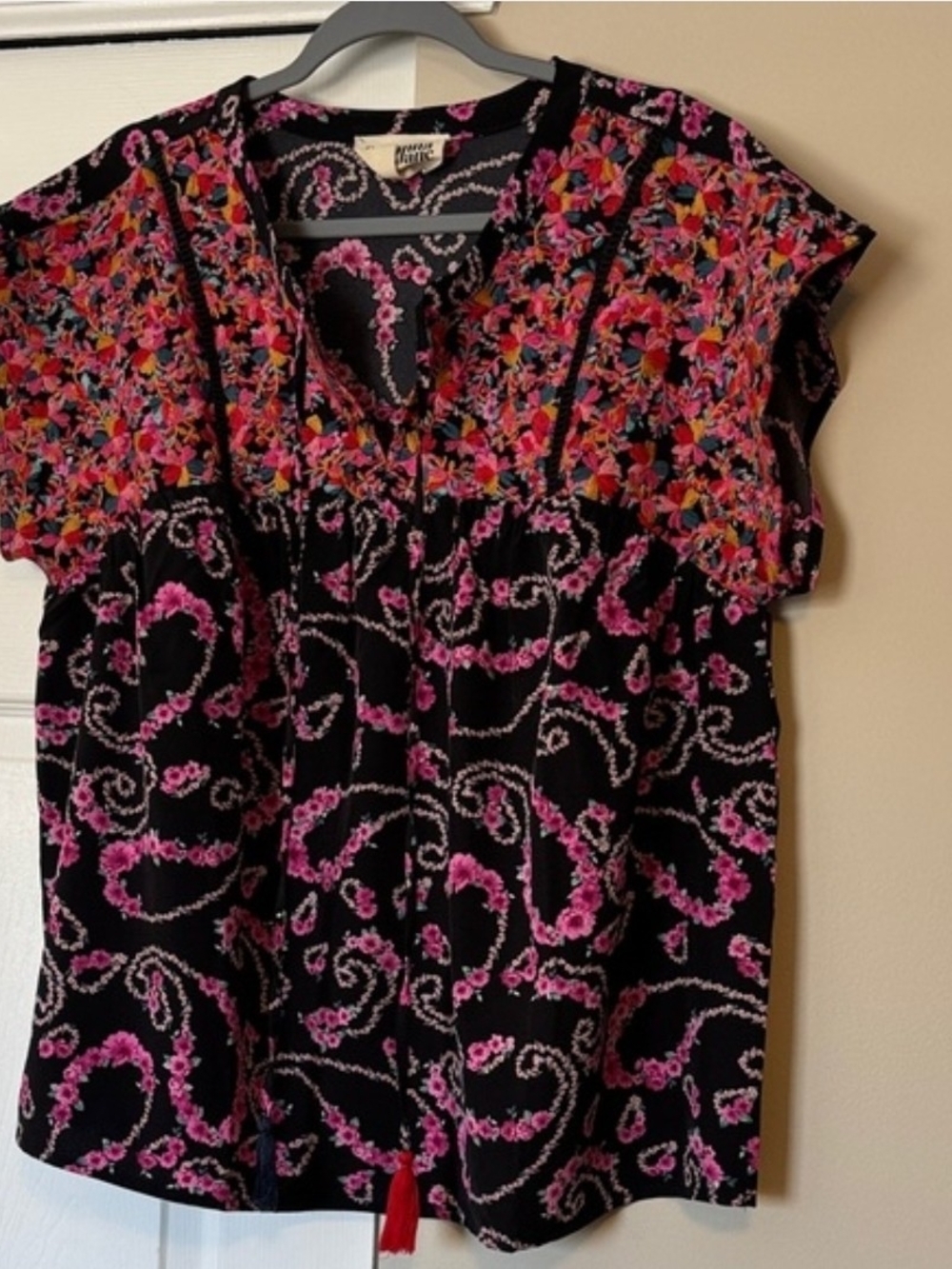 Savanna Jane Black Blouse with Pink and Multicolor Floral Yoke
